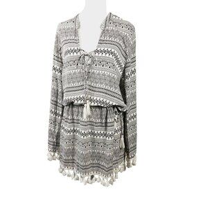 Blue Island Swim Cover Up, Size Medium, Black & White Print With White Pom Trim